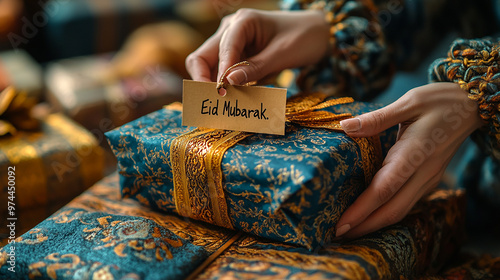 Close-up of Hands Wrapping Gifts with Intricate Paper for Eid photo