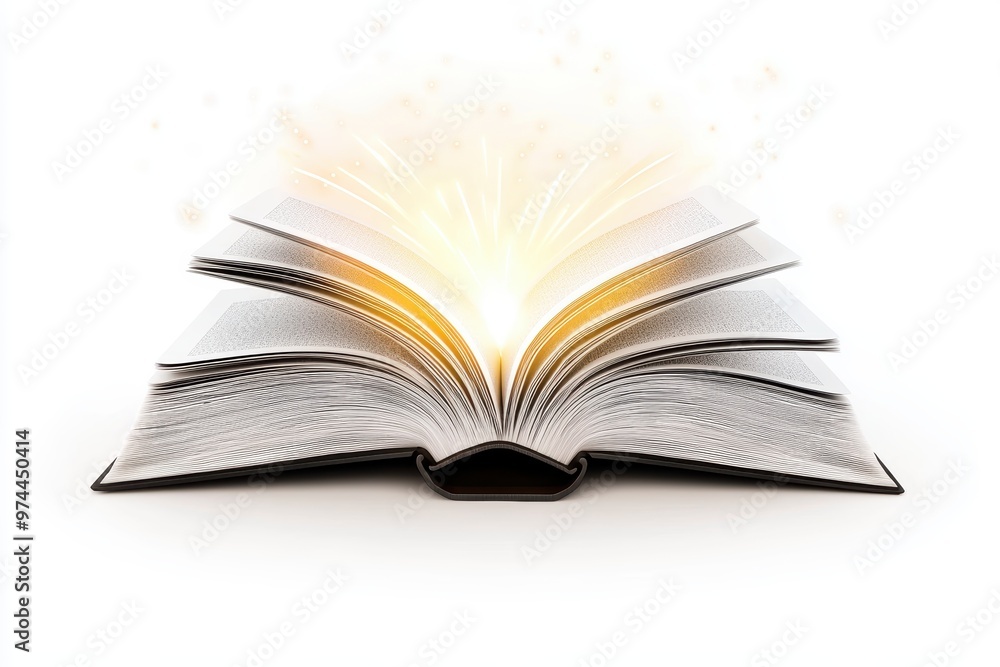 Obraz premium An open book with glowing light emerging from the pages, magical knowledge concept, 3D rendering, isolated on white background