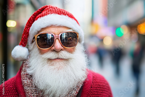 Modern Santa Claus wearing stylish sunglasses, stands on a city street photo