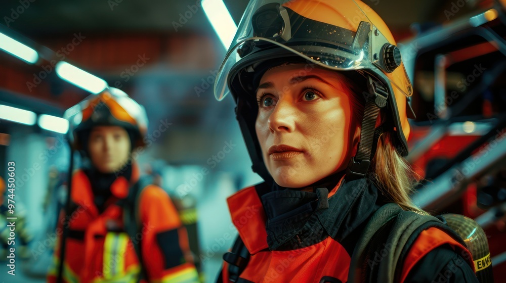 Female firefighters work together professionally and effectively to respond to emergencies. Concept Women in firefighting, Teamwork, Emergency Response, Professionalism, Gender Equality. Female firefighters work together professionally and effectively to respond to emergencies. Concept Women in firefighting, Teamwork, Emergency Response, Professionalism, Gender Equality.