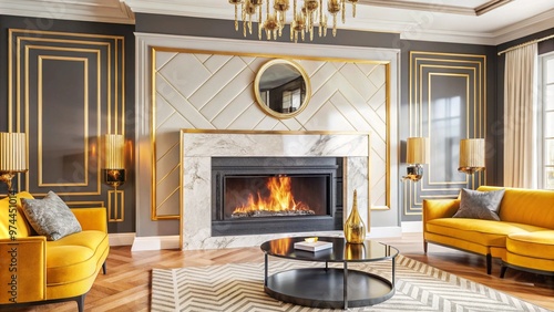 Wallpaper Mural Art deco interior design of modern living room, home with fireplace and black wall.
 Torontodigital.ca