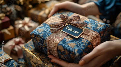 Close-up of Hands Wrapping Gifts with Intricate Paper for Eid photo