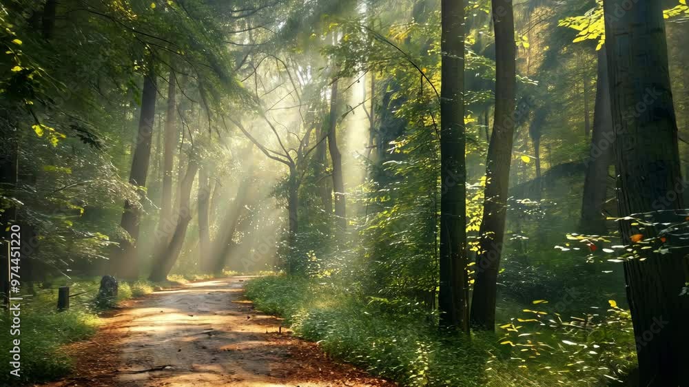Exploring a sunlit forest path filled with vibrant greenery and dappled sunlight in the heart of nature's beauty Exploring a sunlit forest path filled with vibrant greenery and dappled sunlight in the heart of nature's beauty