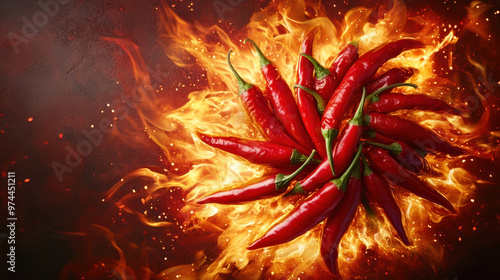 Spicy red chili peppers arranged in vibrant spiral, surrounded by fiery flames, create an intense and dynamic visual. This image captures essence of heat and flavor