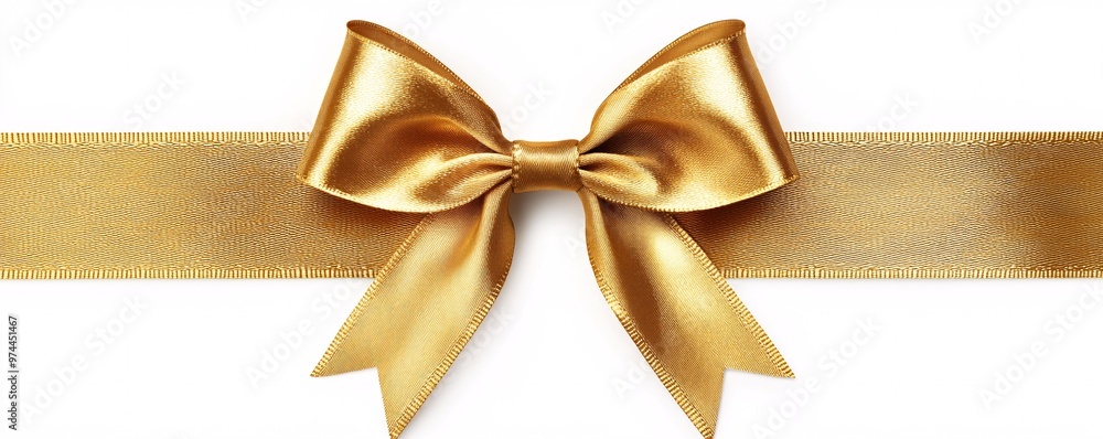 Elegant golden ribbon with a bow placed on a white background for festive occasions and gift wrapping Elegant golden ribbon with a bow placed on a white background for festive occasions and gift wrapping