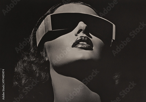 50s retro style portrait of a woman in a fashion pose wearing 'futuristic' glasses