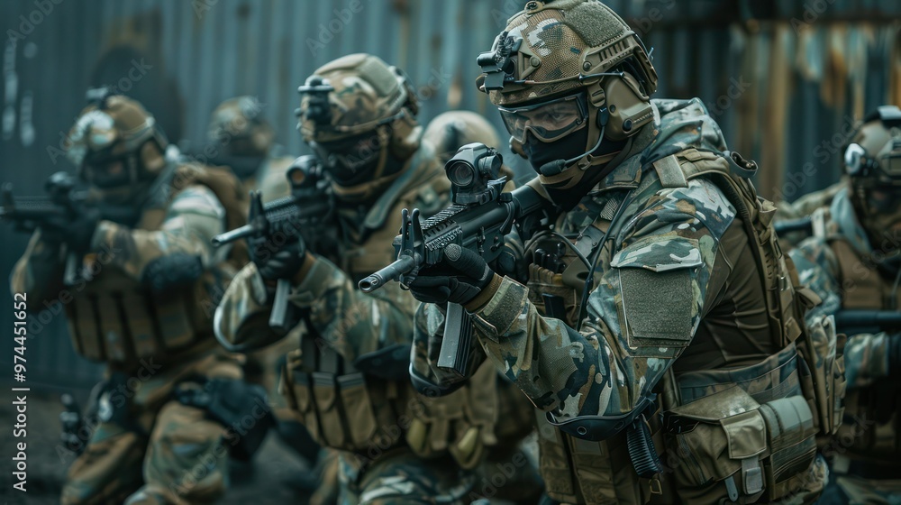 Special forces in tactical gear advancing cautiously demonstrating preparedness for critical operations. Concept Special Forces, Tactical Gear, Advancing Cautiously, Preparedness, Critical Operations Special forces in tactical gear advancing cautiously demonstrating preparedness for critical operations. Concept Special Forces, Tactical Gear, Advancing Cautiously, Preparedness, Critical Operations