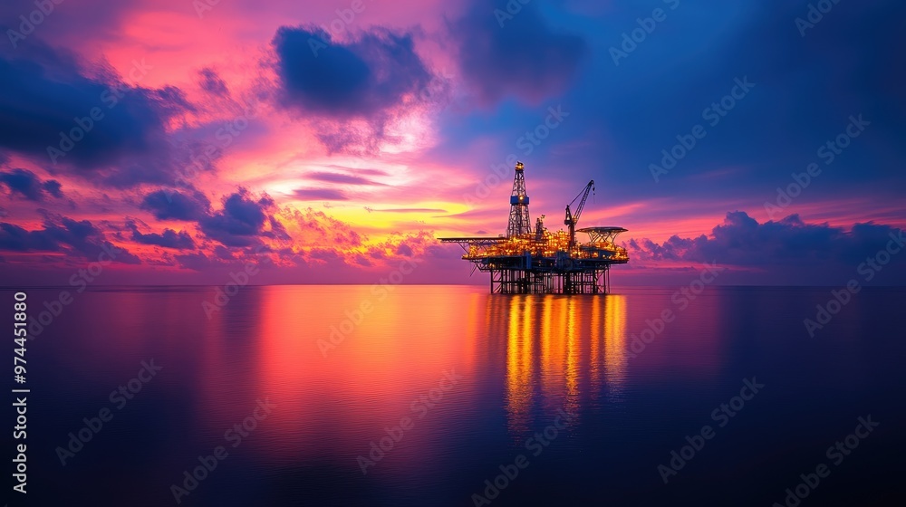 Offshore oil platform lit up at dusk, its lights reflecting on the ocean surface under a dramatic sunset sky Offshore oil platform lit up at dusk, its lights reflecting on the ocean surface under a dramatic sunset sky