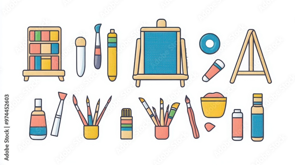 Art Class thin line icon set. Containing paintbrush, palette, canvas, crayons, drawing pencils, sketchbook, paint tubes, easel, color wheel, clay sculpture, art supplies Art Class thin line icon set. Containing paintbrush, palette, canvas, crayons, drawing pencils, sketchbook, paint tubes, easel, color wheel, clay sculpture, art supplies