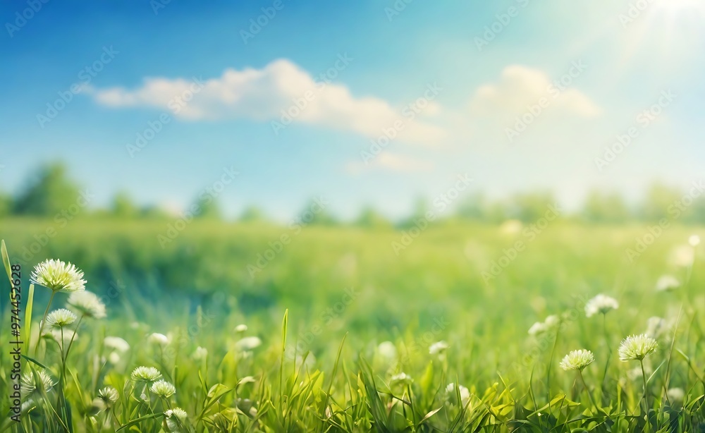 Naklejka premium nature background with sunny spring meadow blur background blue sky to green grass