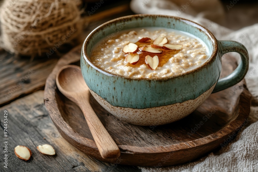 A bowl of oatmeal topped with sliced almonds and honey, served on a wooden plate. A bowl of oatmeal topped with sliced almonds and honey, served on a wooden plate.