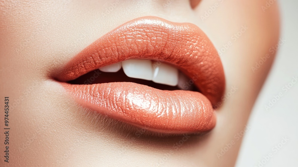 Perfectly contoured lips with a delicate peach color from a permanent makeup procedure, close-up of flawless, smooth skin. Perfectly contoured lips with a delicate peach color from a permanent makeup procedure, close-up of flawless, smooth skin.