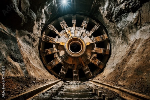 tunnel boring machine in underground mining excavation, heavy equipment for digging and drilling, subway construction