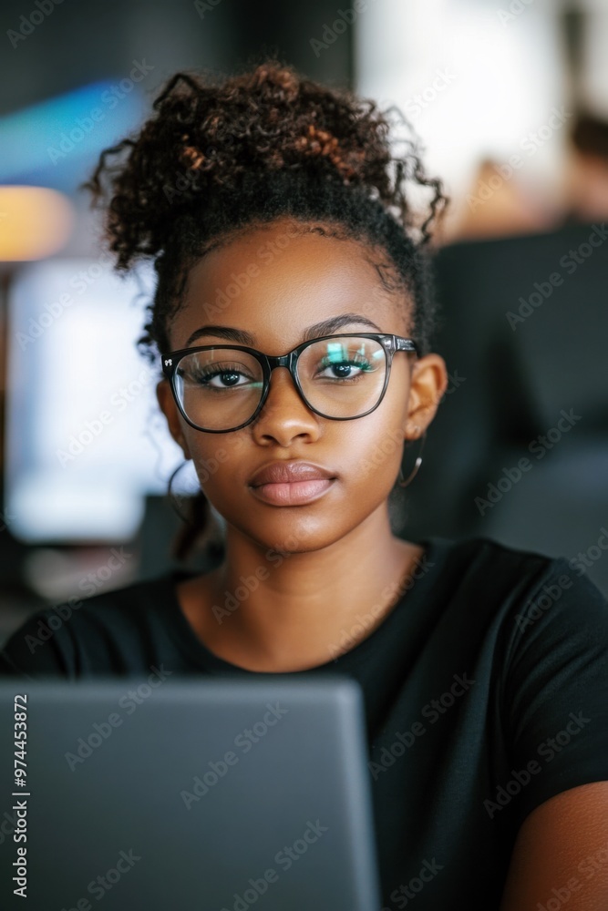 focused young african american woman with glasses works at a laptop in a modern office focused young african american woman with glasses works at a laptop in a modern office