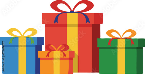 Brightly wrapped gift boxes in various colors, adorned with ribbons, suitable for birthdays and holiday festivities.