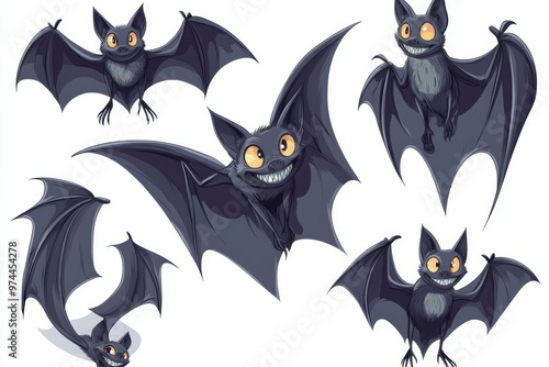 Bat illustration for Halloween party invitations or banners. Halloween modern illustration with Halloween decorations including bats, pumpkins, spiders, webs, and witches.. photo