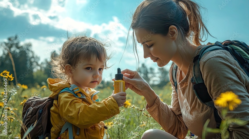 Fototapeta premium mother applies insect spray to the child. Selective focus