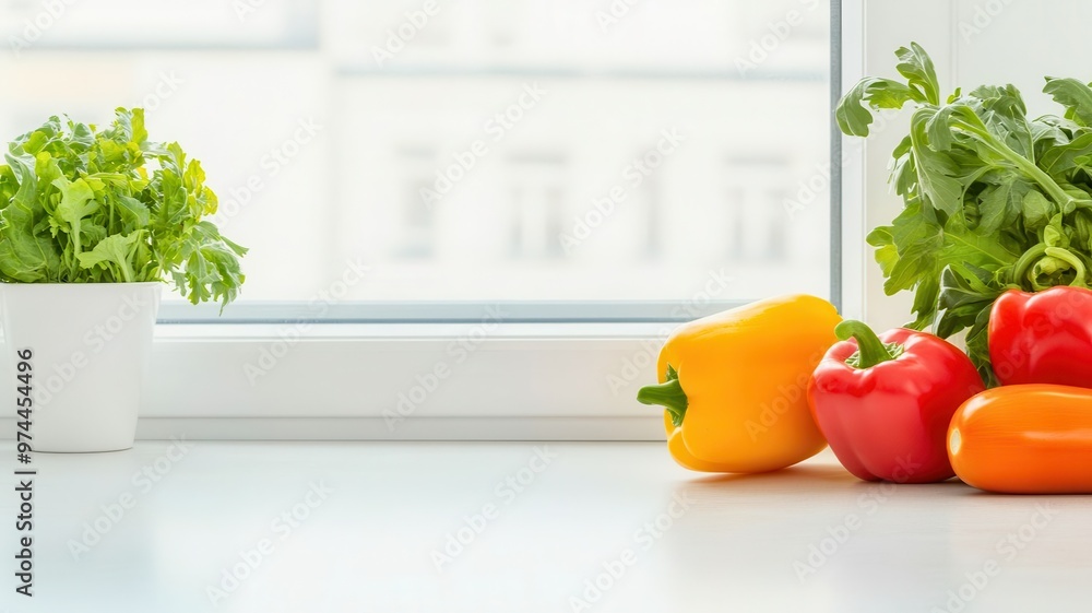Fresh vegetables including bell peppers and herbs on a bright kitchen countertop by a window, perfect for healthy cooking. Fresh vegetables including bell peppers and herbs on a bright kitchen countertop by a window, perfect for healthy cooking.