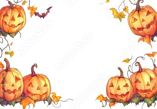 Halloween banner template with pumpkins with scary faces. Framed border with transparent background. Halloween greeting card or advertisement mockup. photo