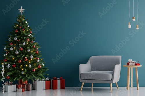 Elegant Christmas tree adorned with ornaments and surrounded by wrapped gifts in a cozy living room setting