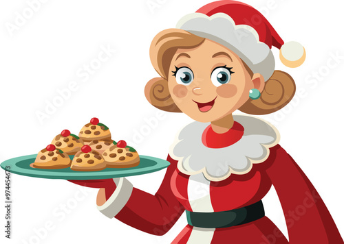 A woman in a red Santa Claus costume with a white fur collar and trim holds a platter of cookies with red berries on top.