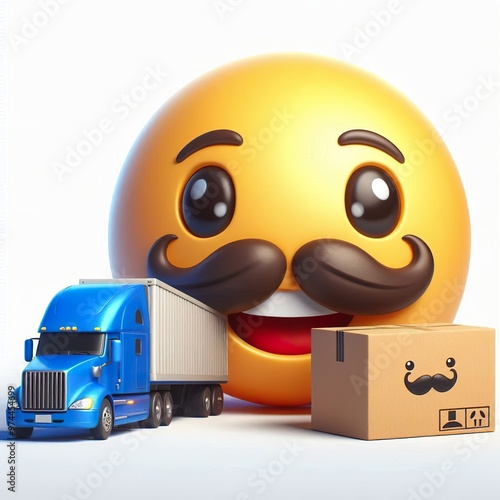 3D Happy one mustachioed emoji as a shipper , white background photo