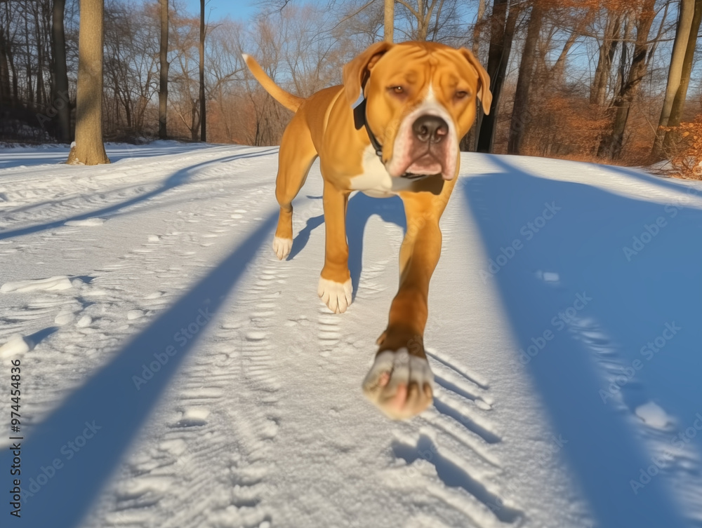 American Staffordshire Terrier running down a snowy forest road American Staffordshire Terrier running down a snowy forest road