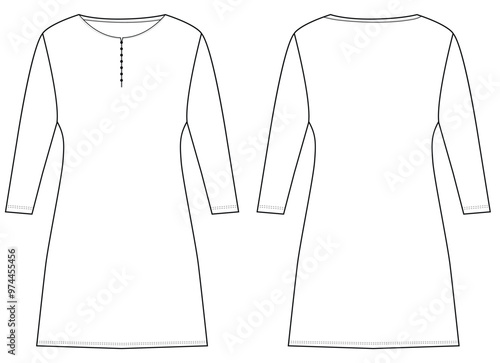 Women kurta Dress tunic technical fashion 
illustration with elbow sleeves, Flat apparel front, back, 
