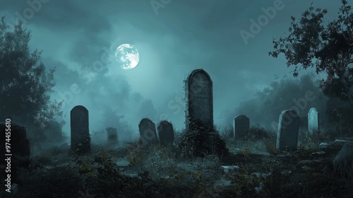 In the pale light of a full moon, a spooky, fog-filled graveyard with crooked tombstones and leafless trees appears ghostly and eerie. photo