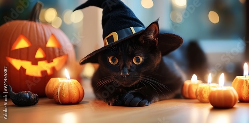 The floor is littered with a pumpkin and candles that are surrounded by a black cat wearing a black witch hat photo