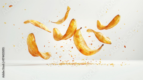 Peri Peri Fruit chips, crispy, falling on a plain white background. Hyperrealistic, cinematic and high quality photo