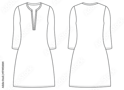 Women kurta Dress tunic technical fashion 
illustration with elbow sleeves, Flat apparel front, back, 