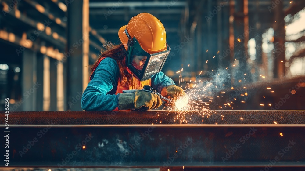 Visualize a woman construction worker welding steel beams, dressed in protective gear, illustrating her role in shaping the framework Visualize a woman construction worker welding steel beams, dressed in protective gear, illustrating her role in shaping the framework