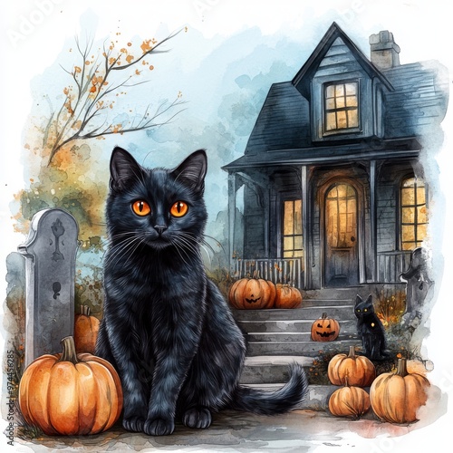 Black halloween cat sitting on house steps. Stock photo photo