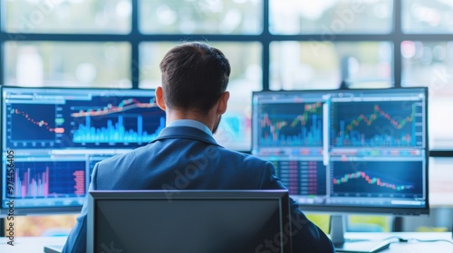 a Businessman Analytics stock market on display computer on table,shot from behind over shoulder,generative ai