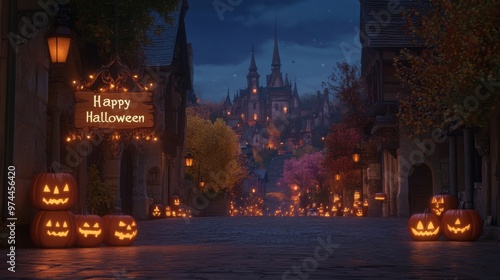 Halloween Magic with a Glimmering Castle and Jack-o'-Lanterns Beneath the Full Moon.Stock photo