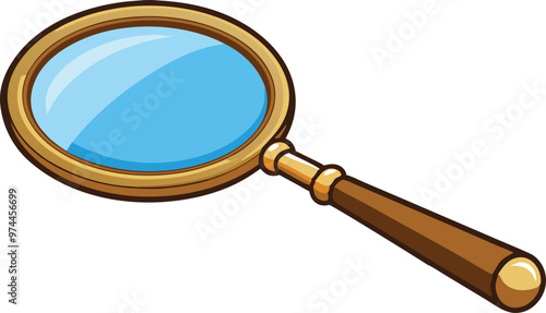 A simple, cartoon magnifying glass with a brown handle and gold accents