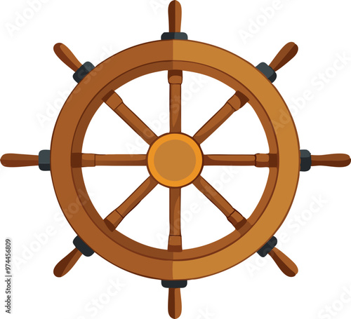 A wooden ship's wheel with eight spokes and eight handles.