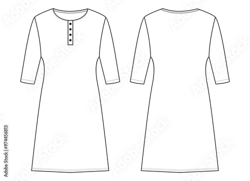 Women kurta Dress tunic technical fashion 
illustration with elbow sleeves, Flat apparel front, back, 