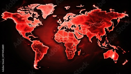 A bold, vibrant red world map on a black background, highlighting international borders and territories, perfect for conveying global connectivity, threat, or urgency themes. photo