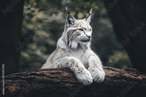 A majestic lynx with tufted ears rests on a rocky ledge, bathed in soft natural light, showcasing its sleek fur and sharp gaze in a serene, mountainous backdrop. photo