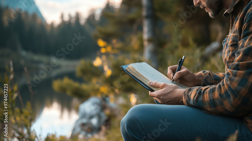 Man Writing by Lakeside in the Mountains