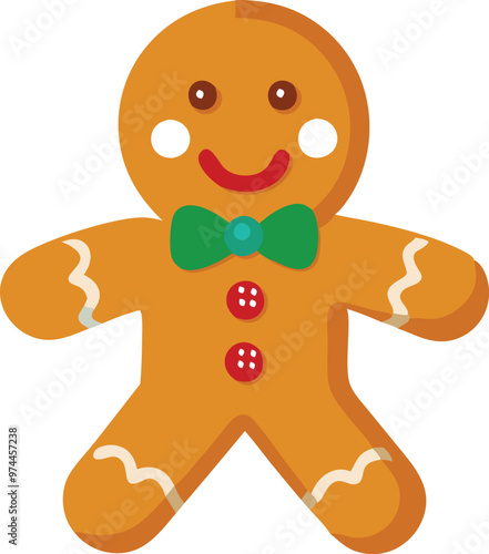A gingerbread man with a green bowtie and a big smile stands on a white background.