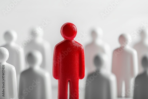 Individual Red figure stands out among white figures, symbolizing unique characteristics, qualities, advantageous or negative difference, chosen perfect candidate, white background.