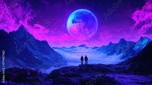 Couple Silhouettes on Mountaintop with Colorful Moon and Clouds