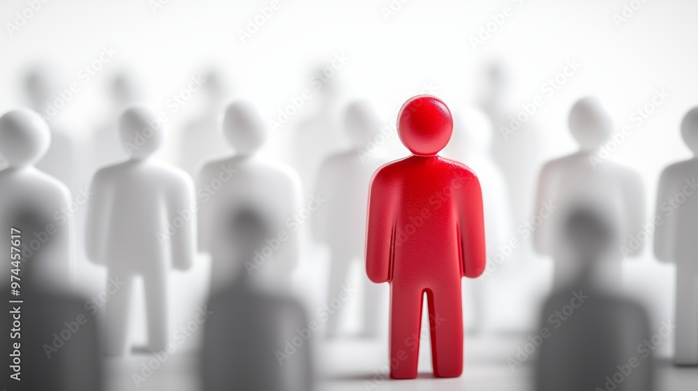 Individual Red figure stands out among white figures, symbolizing unique characteristics, qualities, advantageous or negative difference, chosen perfect candidate, white background. Individual Red figure stands out among white figures, symbolizing unique characteristics, qualities, advantageous or negative difference, chosen perfect candidate, white background.