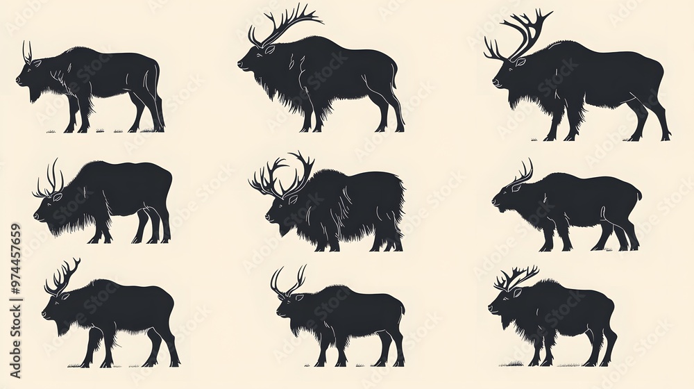 Silhouette Illustration of Nine Reindeer with Large Antlers Silhouette Illustration of Nine Reindeer with Large Antlers