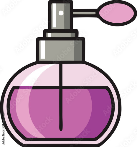 A pink perfume bottle with a silver cap and a pink nozzle.