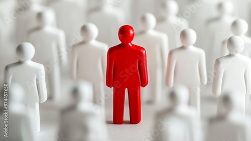 Individual Red figure stands out among white figures, symbolizing unique characteristics, qualities, advantageous or negative difference, chosen perfect candidate, white background.