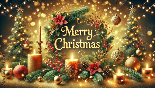 Merry Christmas text on green and red New Year decorations and glitter background,